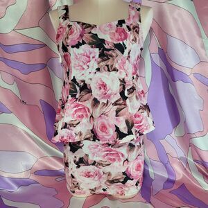 Pink Rose Mini Dress Size Small Japan Floral Bodycon Peplum Gyaru Gal Style Y2K